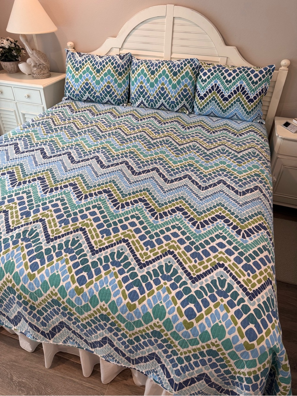 OVERSIZED Blue & Green Chevron Mosaic King Quilt Set